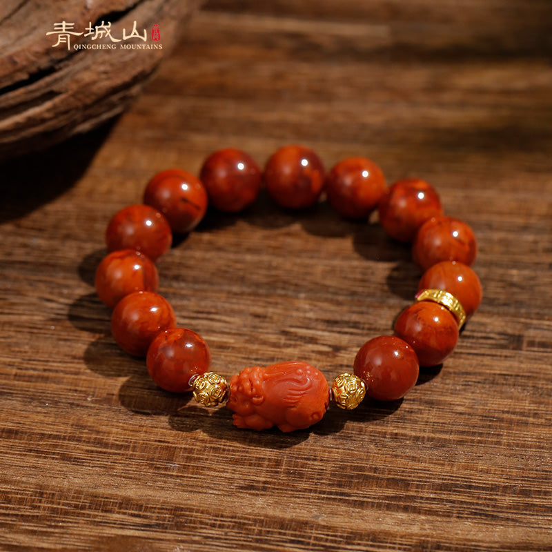 Authentic Sichuan Red Agate Bracelet | 18K Gold Pixiu | Flame Pattern Beads - Ancient China