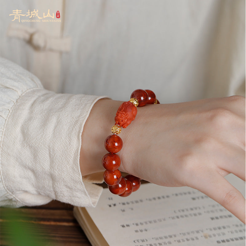 Authentic Sichuan Red Agate Bracelet | 18K Gold Pixiu | Flame Pattern Beads - Ancient China