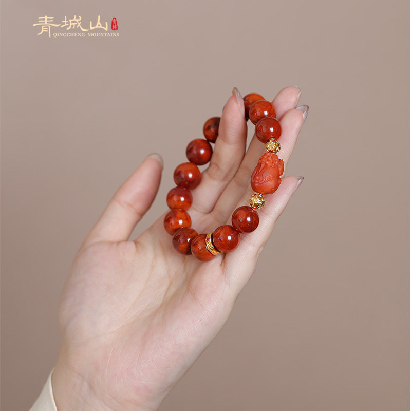 Authentic Sichuan Red Agate Bracelet | 18K Gold Pixiu | Flame Pattern Beads - Ancient China