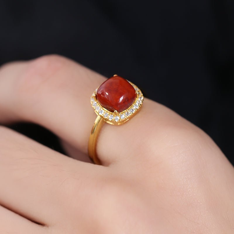 Authentic Sichuan Red Agate Ring | S925 Silver Gold-Plated Adjustable Women's Ring - Ancient China